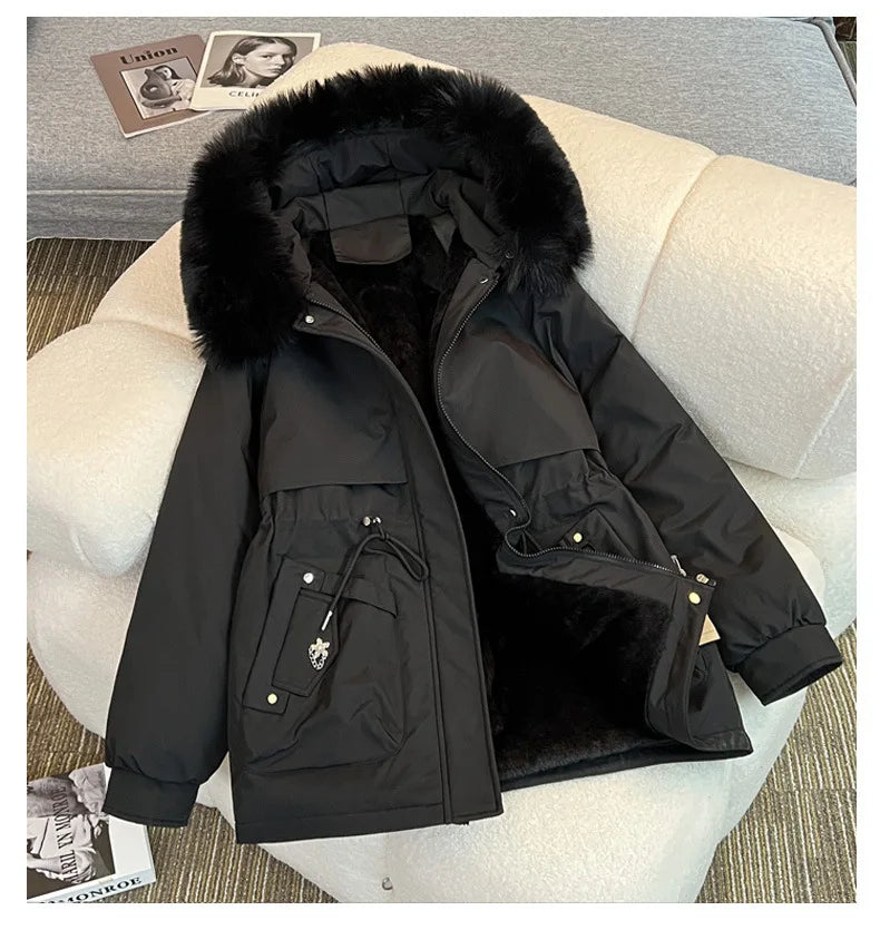 MadeForStyle Winter Warm Puffer Coat – Fleece-Lined Faux Fur Hooded Jacket for Women