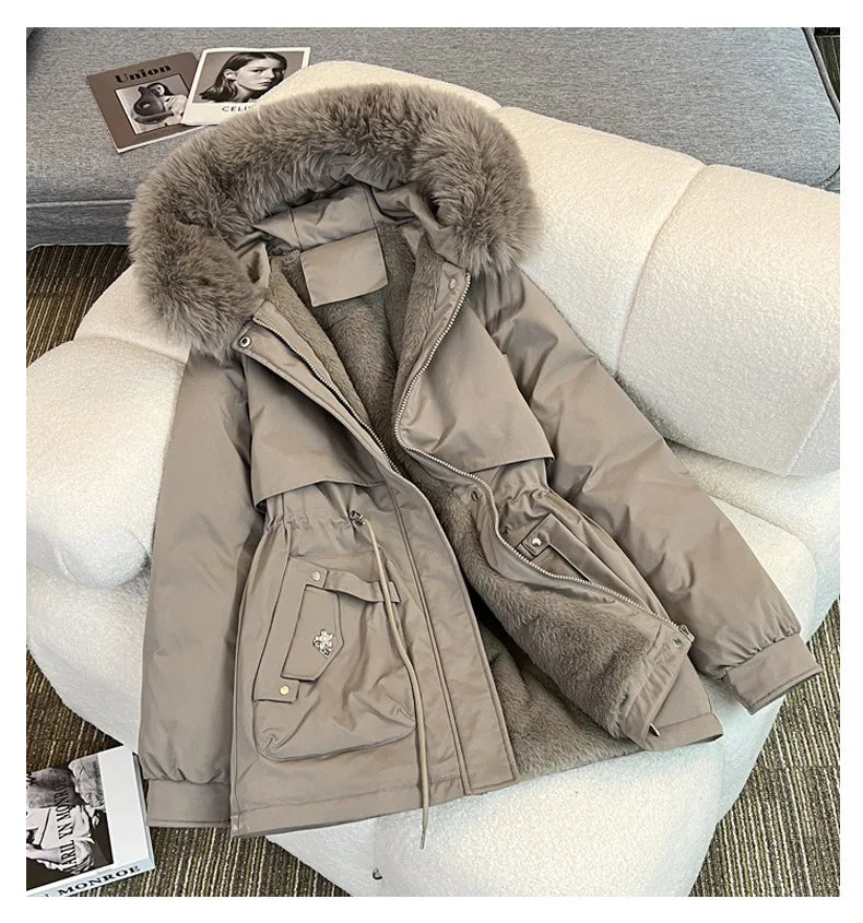 MadeForStyle Winter Warm Puffer Coat – Fleece-Lined Faux Fur Hooded Jacket for Women